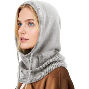 Women Scarf Hat Balaclava Beanie Skull Cap with Drawstring Warm Hat Grey